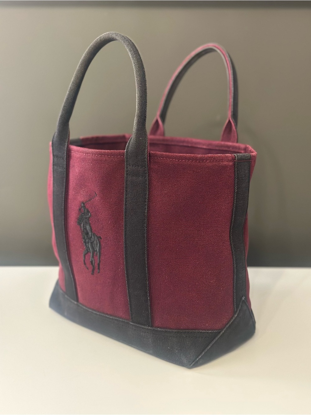 Ralph Lauren Mini Boat Tote Burgundy Red Black Canvas Polo Horse Logo Vtg Rare